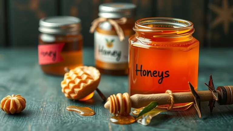 Chart of unique regional honey varieties including Manuka, Buckwheat, Acacia, Leatherwood, and Sourwood honey, highlighting their flavor profiles, colors, and health benefits.