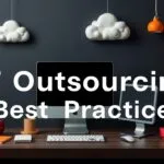 Infographic depicting five best practices for successful IT outsourcing implementation - clear communication, service level agreements, regular monitoring, change management, and risk mitigation.