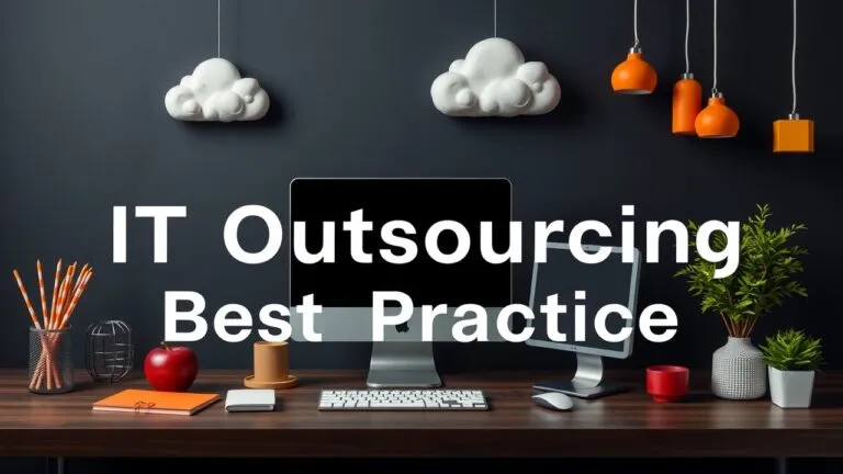 Infographic depicting five best practices for successful IT outsourcing implementation - clear communication, service level agreements, regular monitoring, change management, and risk mitigation.