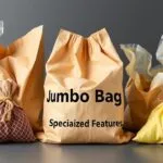 Jumbo bags with various features, including baffles, discharge spouts, lifting loops, UV protection, tamper evidence, and customizable top and bottom configurations.