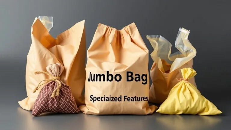 Jumbo bags with various features, including baffles, discharge spouts, lifting loops, UV protection, tamper evidence, and customizable top and bottom configurations.