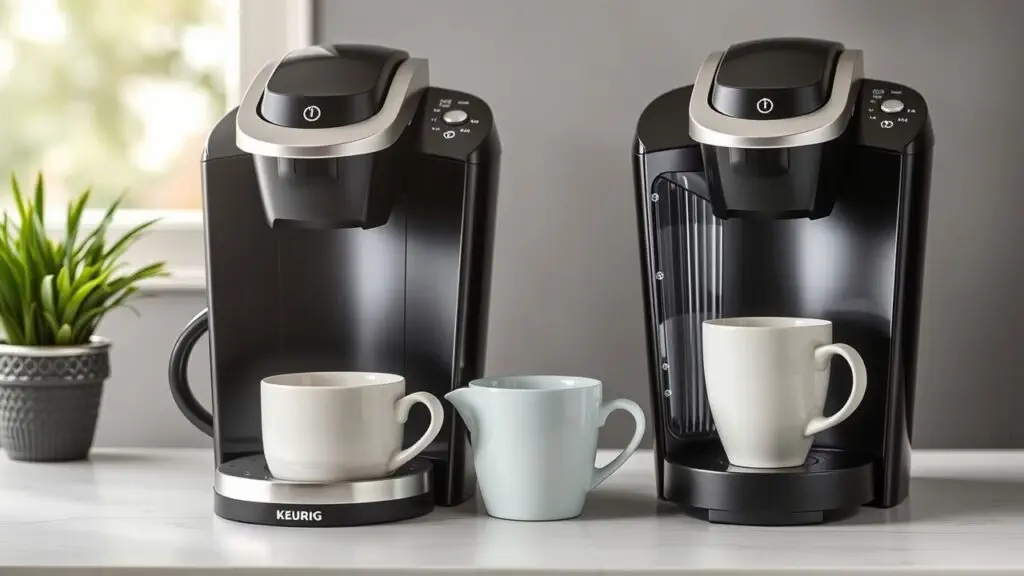 Comparison chart of Keurig K-Cafe Smart, K-Latte, and K-Supreme Plus models highlighting key features like built-in milk frothers, app connectivity, and brew sizes.