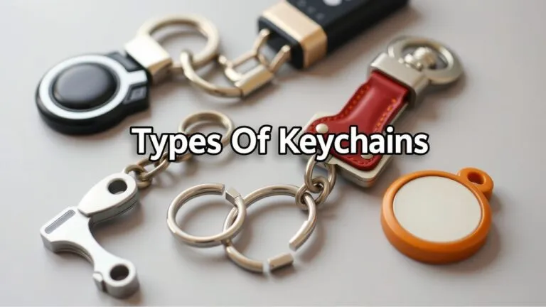Various types of keychains including metal, PVC, leather, plastic, and wood keychains.