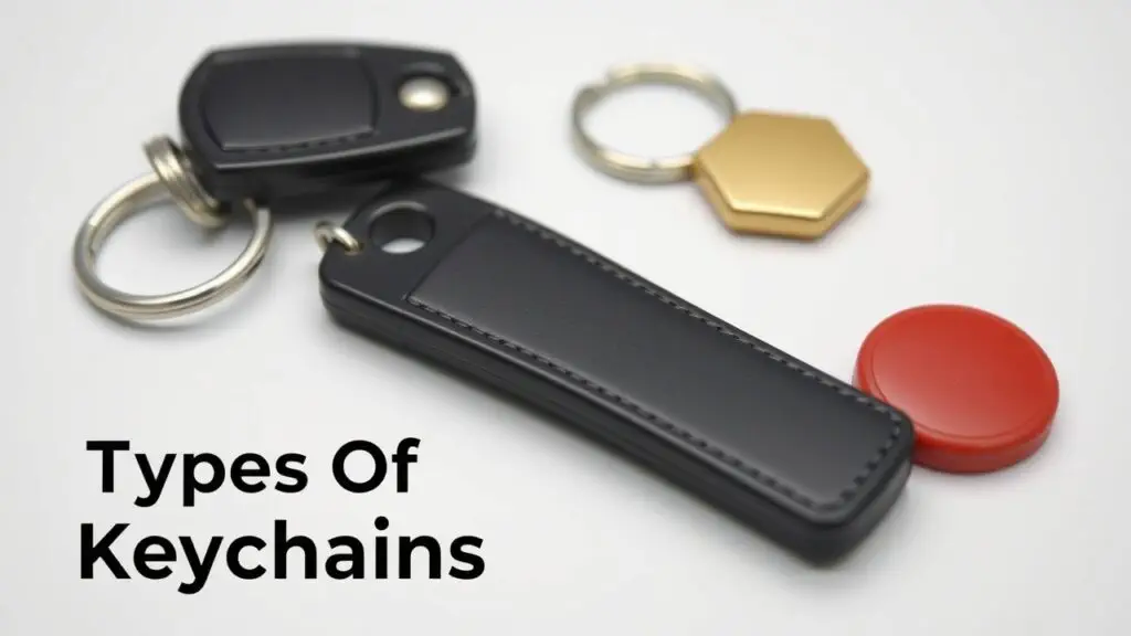 Various types of keychains, including metal, PVC, leather, plastic, and wood keychains.