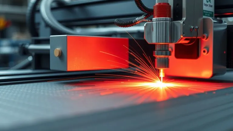 Fiber laser cutter cutting metal sheet, showcasing precision and speed.