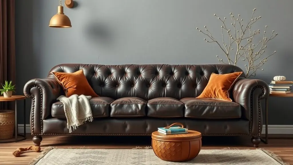 Infographic comparing full grain, top grain, genuine, and bonded leather for sofas, showing price, durability, and ideal uses.