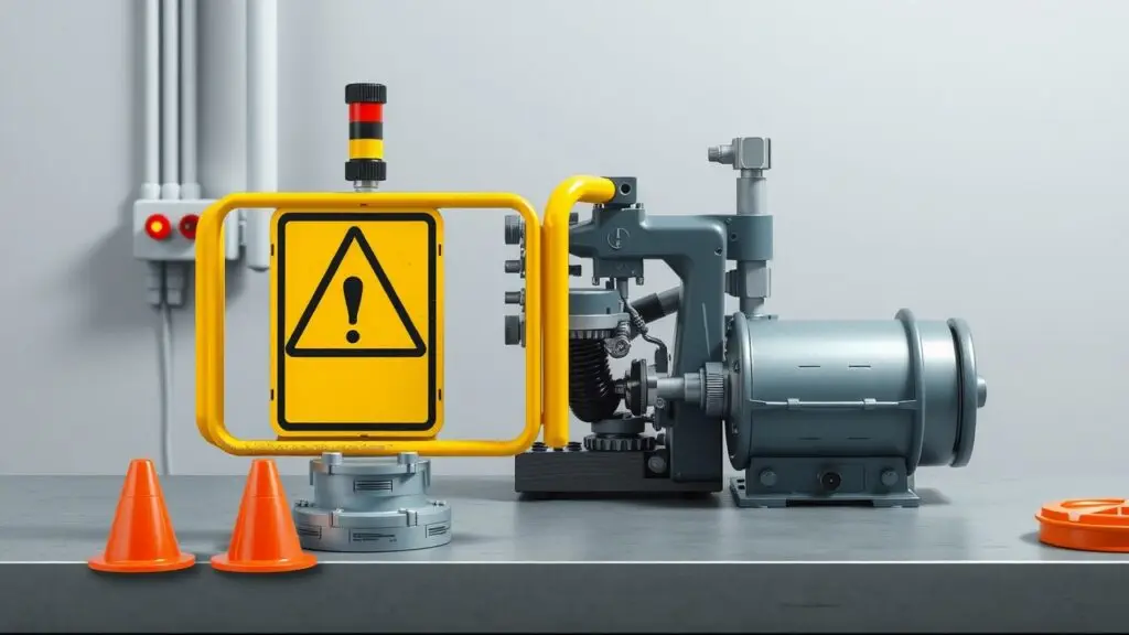 Close-up of machine guards protecting workers from rotating parts, ensuring workplace safety and regulatory compliance.