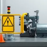 Close-up of machine guards protecting workers from rotating parts, ensuring workplace safety and regulatory compliance.