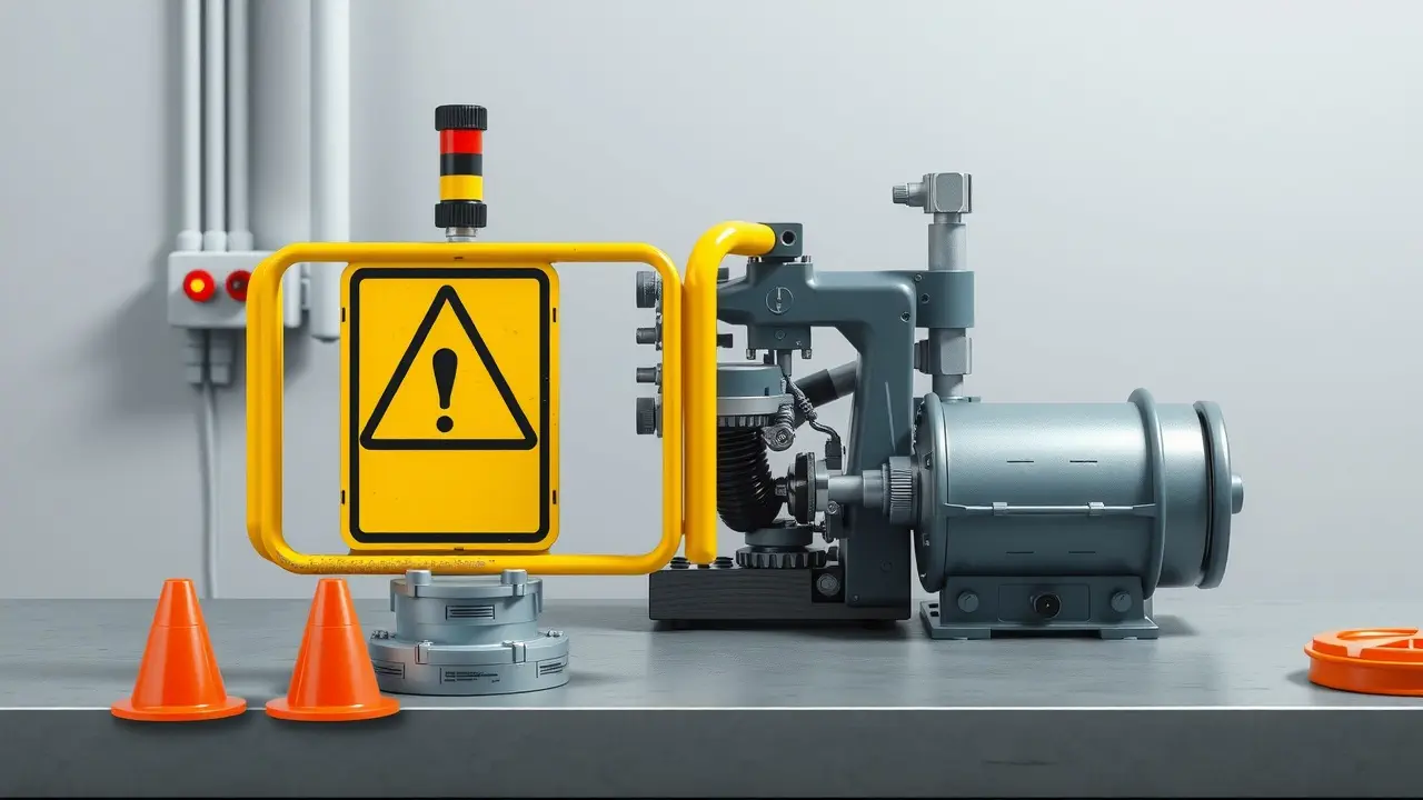 Close-up of machine guards protecting workers from rotating parts, ensuring workplace safety and regulatory compliance.