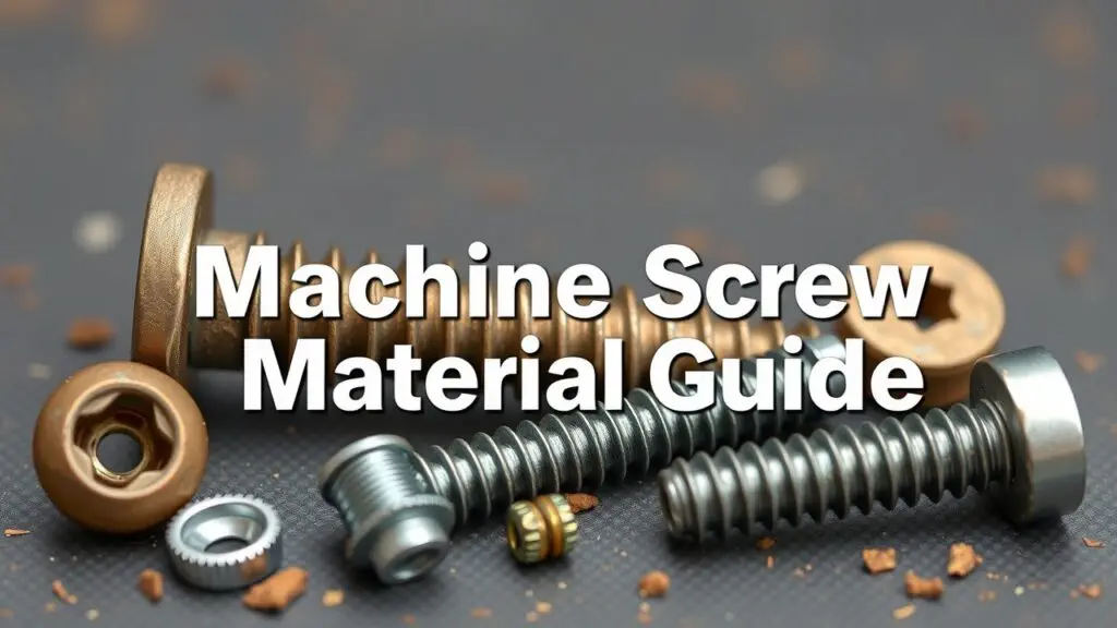 Comparison chart of machine screw materials including carbon steel, stainless steel, brass, zinc-plated, aluminum, and titanium, highlighting their strength, corrosion resistance, and typical applications.