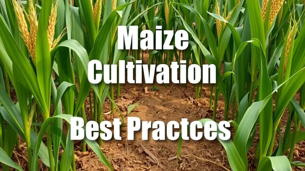 Maize cultivation best practices infographic showing planting techniques, fertilization, pest disease management, harvesting, and storage.