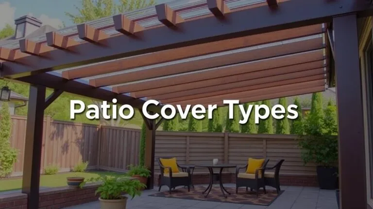Different types of patio covers, including pergolas, awnings, and gazebos, showcasing various materials and styles.