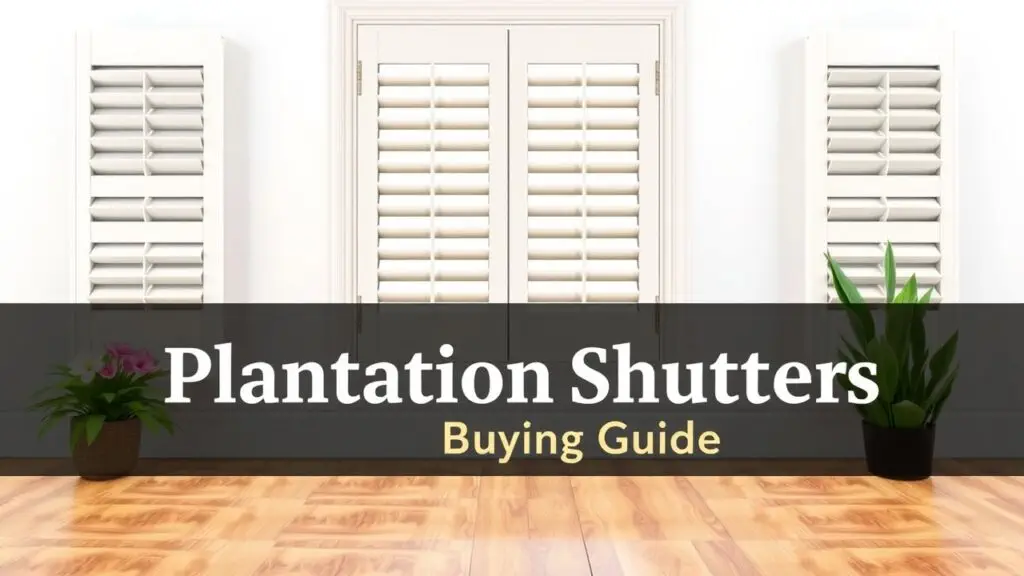 Plantation shutters buying guide comparing wood vs faux wood, styles, and room recommendations for bathrooms, kitchens, living rooms, and bedrooms. Includes cost considerations and custom vs pre-made options.