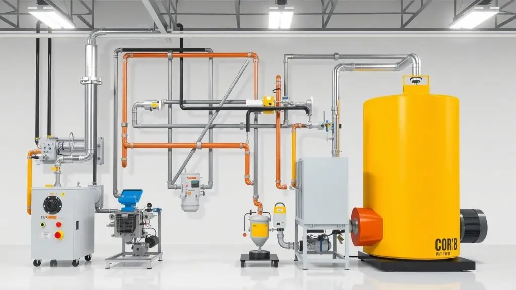 Comparison chart of dilute phase, dense phase, positive pressure, and vacuum pneumatic conveying systems, highlighting key differences in velocity, material concentration, ideal materials, and energy consumption.