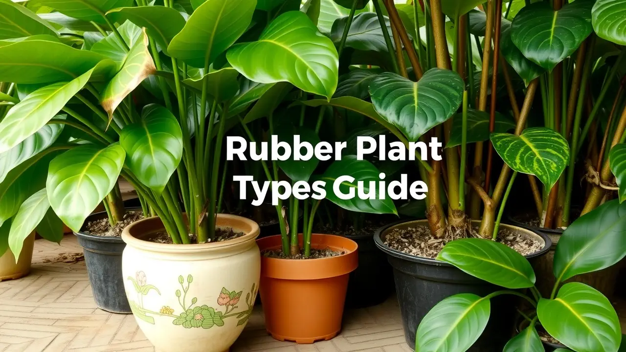 Various types of rubber plants, including popular Ficus varieties, showcased in a guide for indoor gardening.