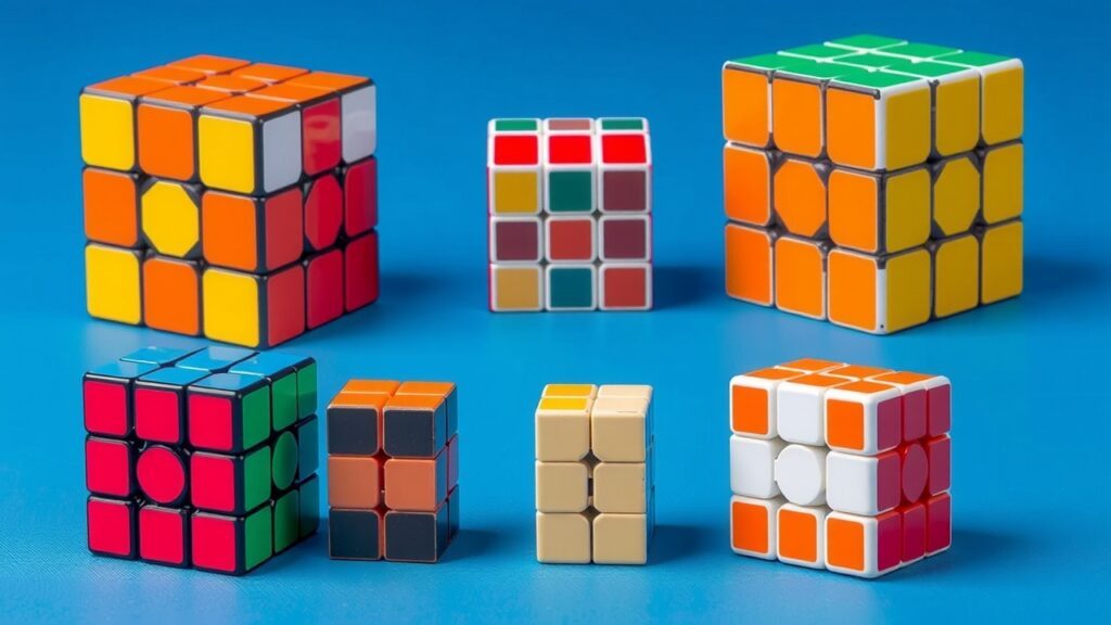 Various types of Rubik's Cubes, including 2x2, 3x3, Megaminx, and other sizes.