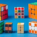 Various types of Rubik's Cubes, including 2x2, 3x3, Megaminx, and other sizes.