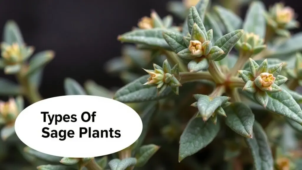 Various types of sage plants, including garden sage and Mexican bush sage, showcasing their diverse foliage and flowers.