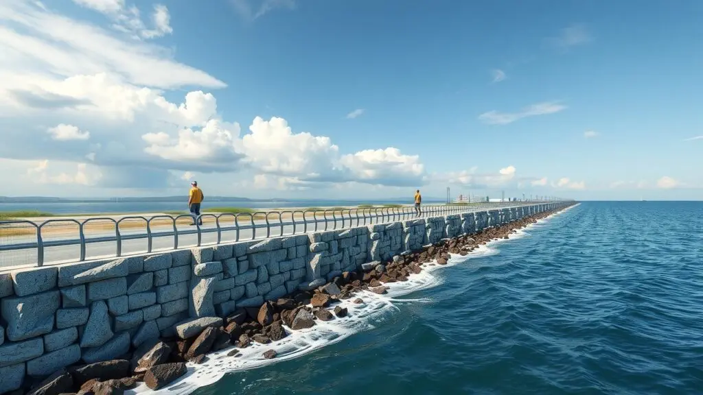 Hybrid seawall design combining concrete wall with vegetated slope for coastal erosion control and habitat creation.