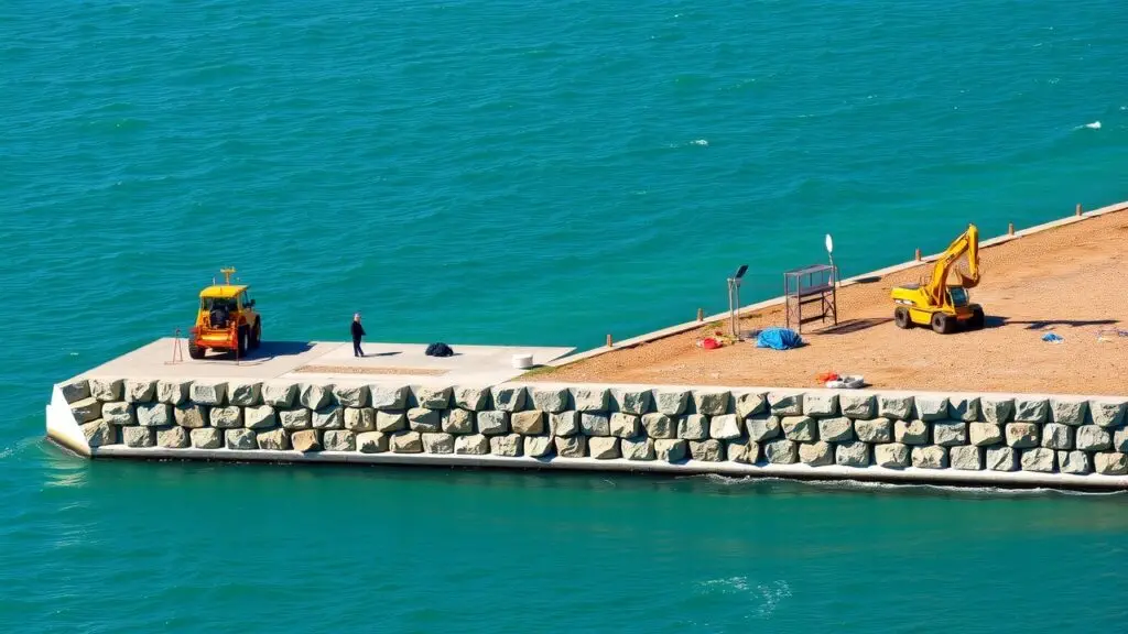 Seawall construction methods, best practices, gravity walls, sheet pile walls, safety procedures, quality control, maintenance, repair, lifespan considerations, concrete seawalls, timber retaining walls.