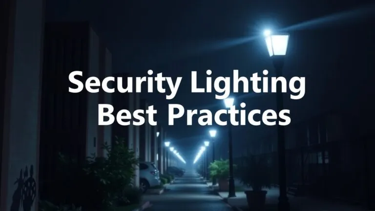 Diagram showing best practices for security lighting placement, including layered approach, various light types, and integration with other security systems.