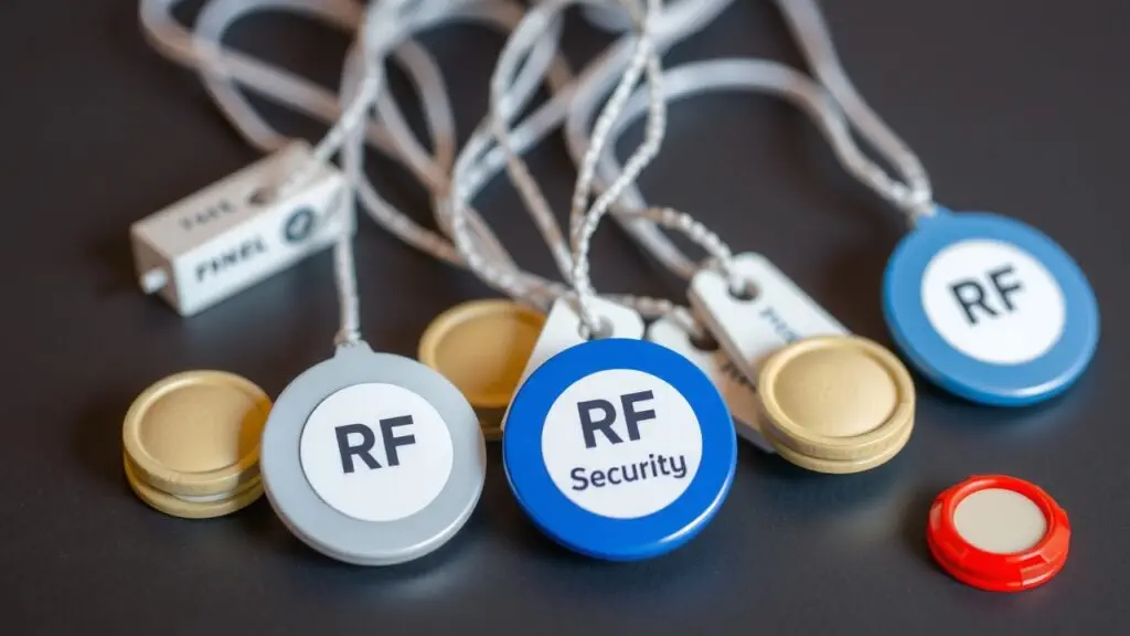 RF security tags on clothing in a retail store, illustrating loss prevention measures.