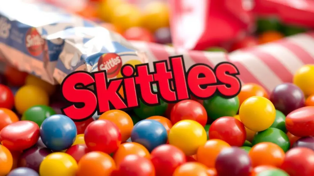 Variety of Skittles candies in different sizes and formats, including gummies, giant packs, and mini packs.