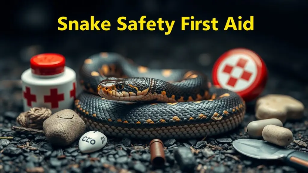 Chart showing venomous snake types, identification features, and first aid steps for snakebites.