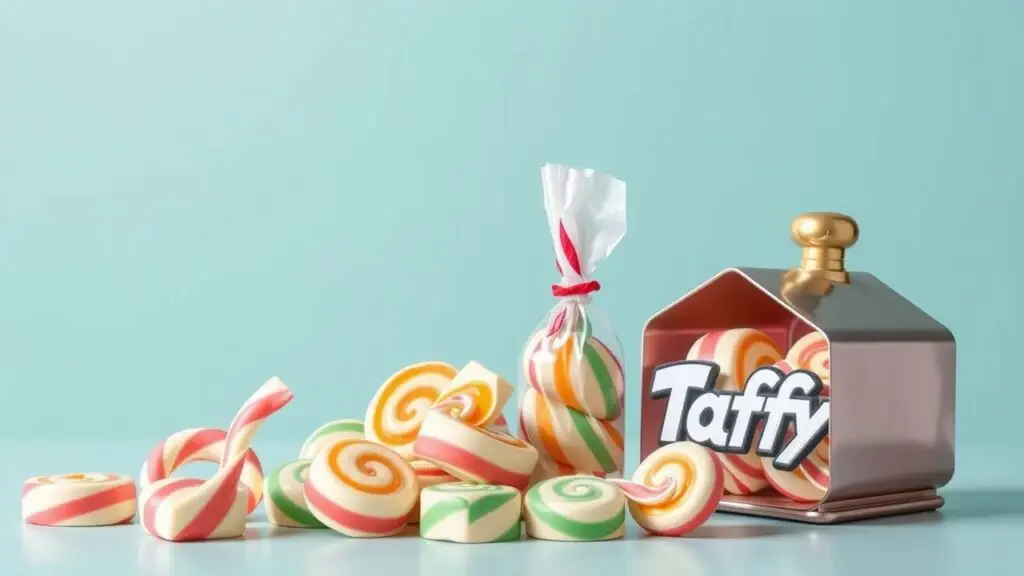 Assorted taffy candies in various flavors and colors, showcasing different options for purchasing taffy, such as online stores, specialty shops, and local candy stores.