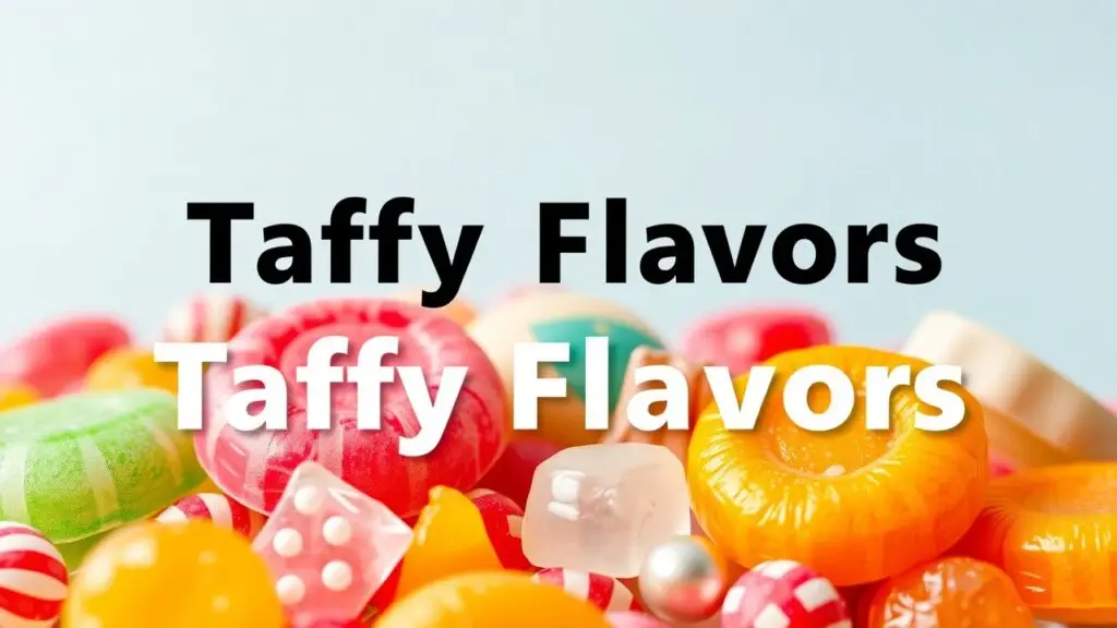 Assorted taffy candies in various fruit and gourmet flavors, including strawberry, banana, maple, coffee, licorice, and coconut.