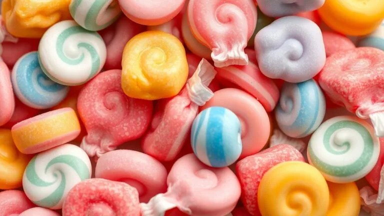Various types of taffy candy, showcasing different colors, flavors, and textures.
