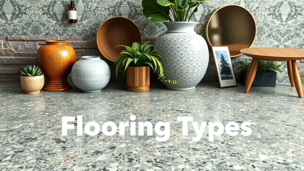 Various types of terrazzo flooring showcasing different colors, aggregates, and patterns.