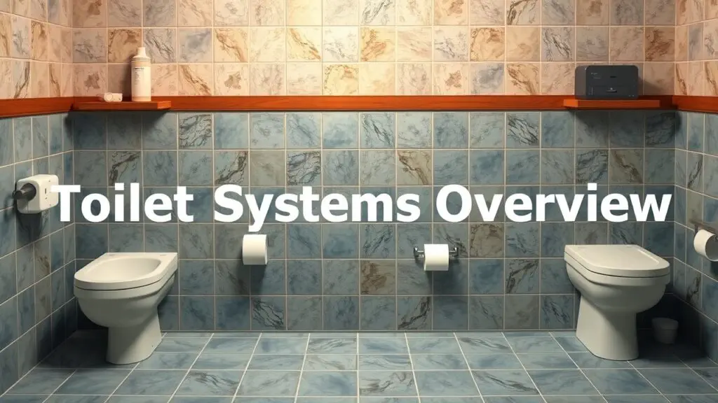 Infographic comparing different toilet flush systems, including vacuum-assisted, electronic, low-flow, high-efficiency, washdown, pour flush, siphonic, double-cyclone, and tornado flush systems.