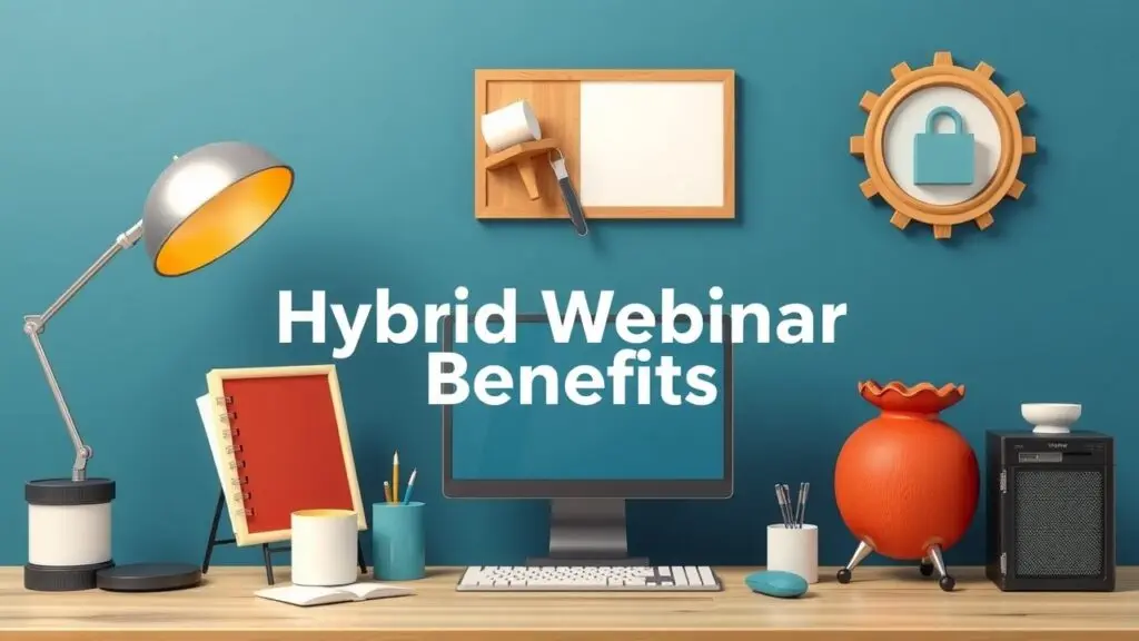 Infographic highlighting the pros and cons of hybrid webinars, showcasing increased reach, flexibility, and engagement versus increased planning complexity and potential technical issues.
