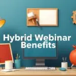 Infographic highlighting the pros and cons of hybrid webinars, showcasing increased reach, flexibility, and engagement versus increased planning complexity and potential technical issues.