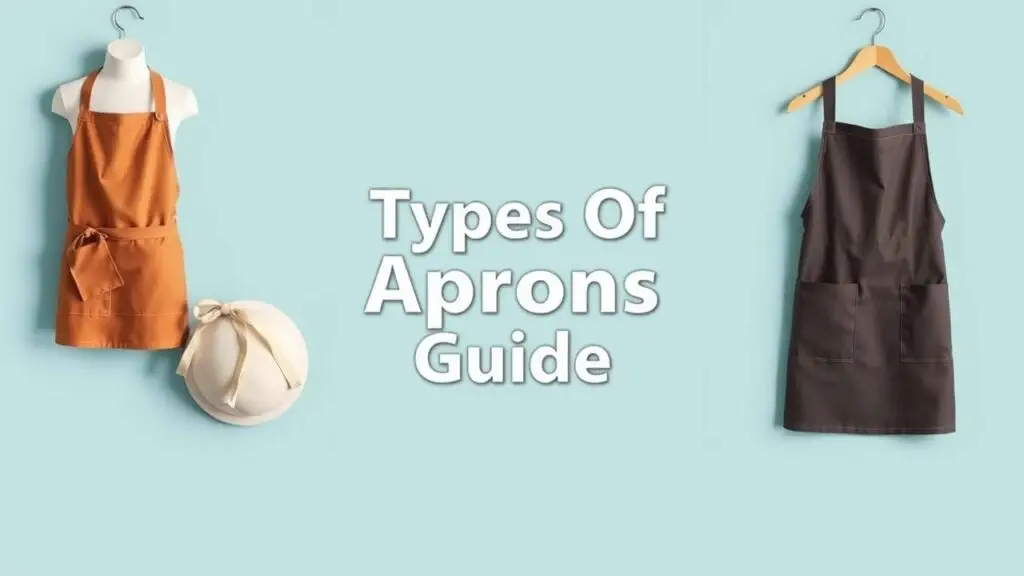 Different types of aprons, including bib aprons, chef aprons, and waist aprons, shown in a variety of styles and fabrics.
