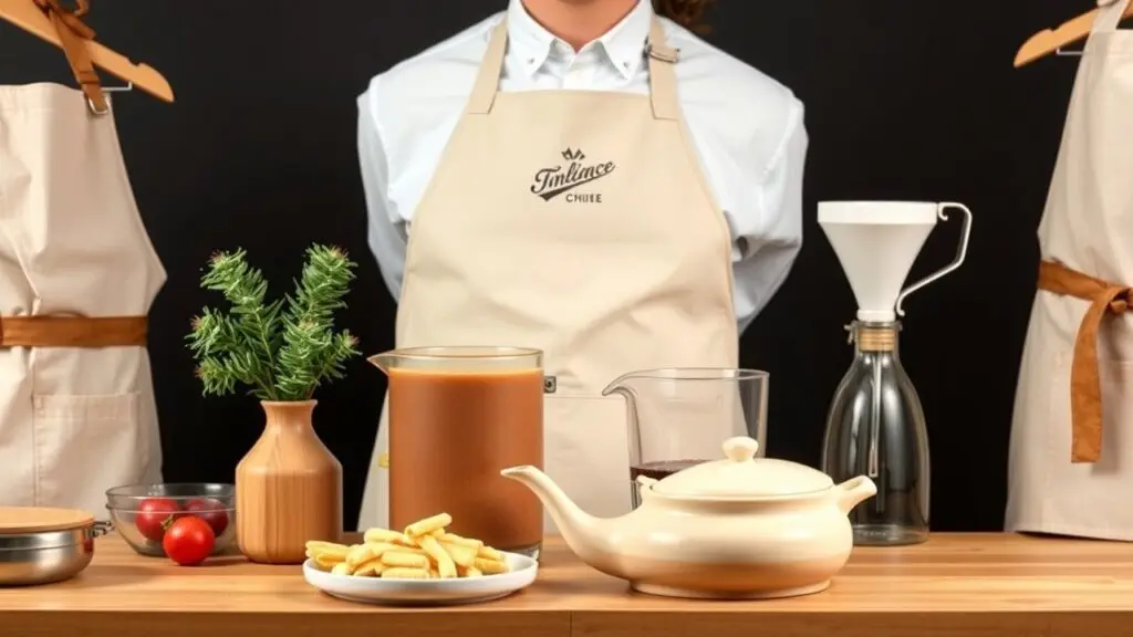 Different types of aprons, including bib aprons, chef aprons, and waist aprons, shown in a variety of colors and styles.
