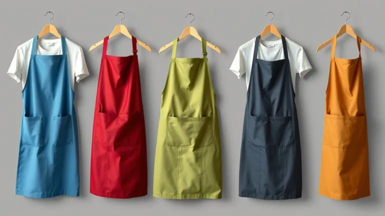 Various professional aprons including chef, butcher, dental, welding, and lab coats, showcasing their specialized designs and uses.