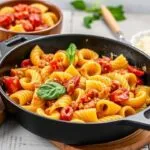 Close-up of a skillet of Velveeta mac and cheese with small pasta shells, showing a creamy, cheesy texture.