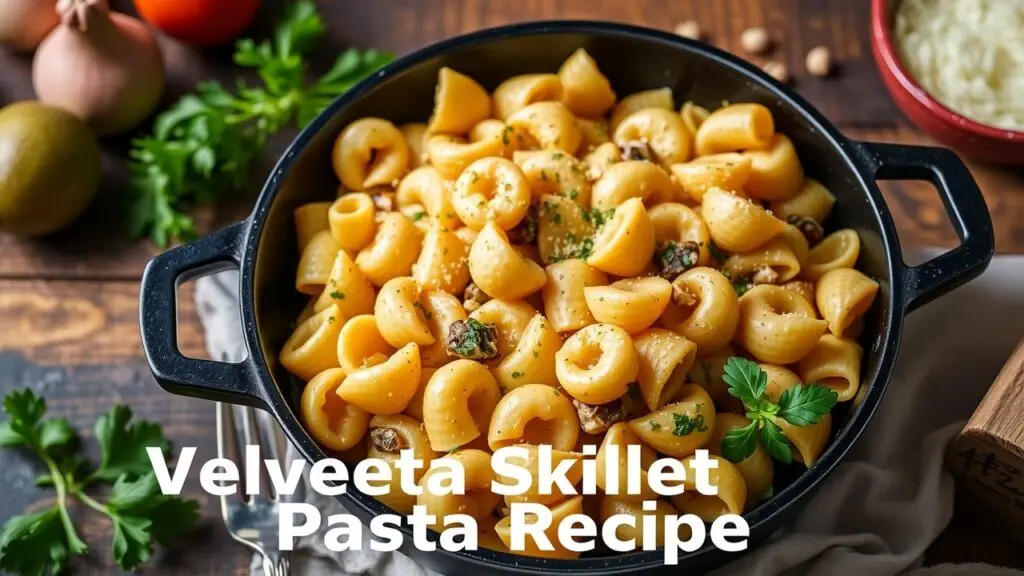 Delicious Velveeta skillet pasta recipe with perfectly cooked pasta and creamy cheese sauce.