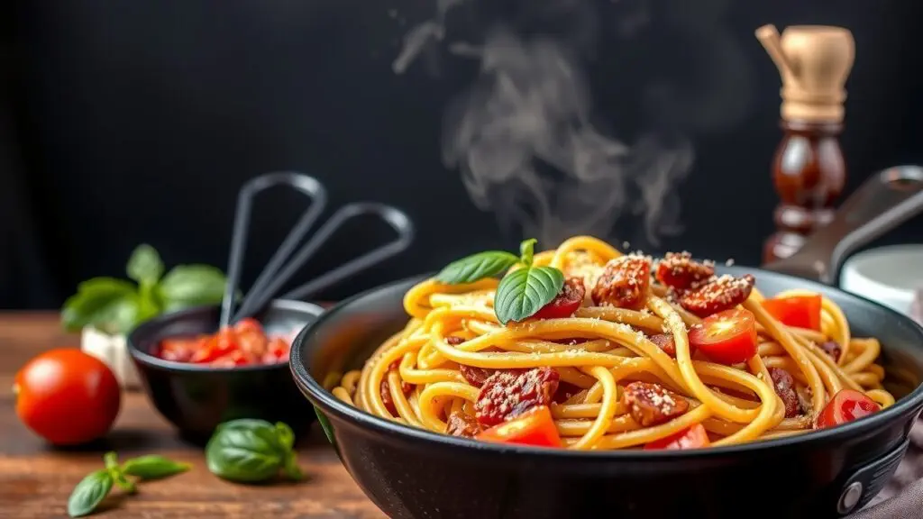 Delicious Italian pasta skillet recipes with various pasta shapes, meats, and vegetables.