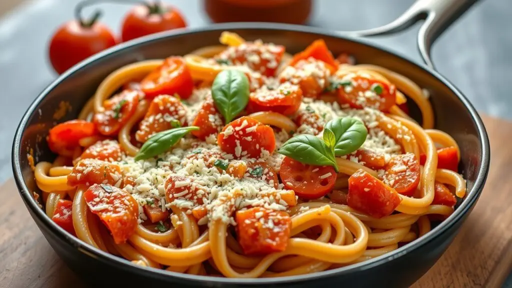 Delicious Italian pasta skillet recipes with various pasta shapes, meats, and vegetables.
