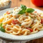Delicious and easy one-pot Alfredo pasta recipes. Various pasta shapes and toppings shown in a creamy sauce.