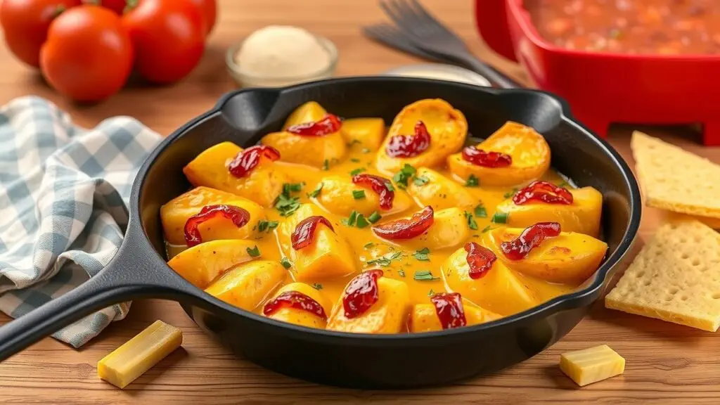 Delicious Velveeta skillet meal with assorted side dishes, including roasted vegetables, crusty bread, and a fresh salad, offering a balanced and flavorful dining experience.