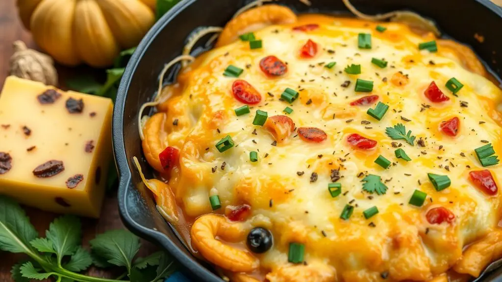 Delicious vegan cheese skillet recipes show creamy mac and cheese, spicy queso, broccoli rice casserole, mushroom stroganoff, and chili cheese fries.