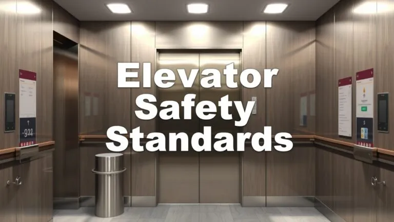 Infographic illustrating key national and international elevator safety standards, including ASME A17.1, CSA B44, and ISO 8100, highlighting key requirements and jurisdictional differences.