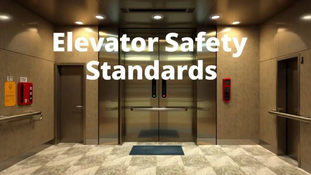 Elevator safety regulations infographic showing ASME A17.1 codes, regular inspections, and building codes for safe operation and accident prevention.