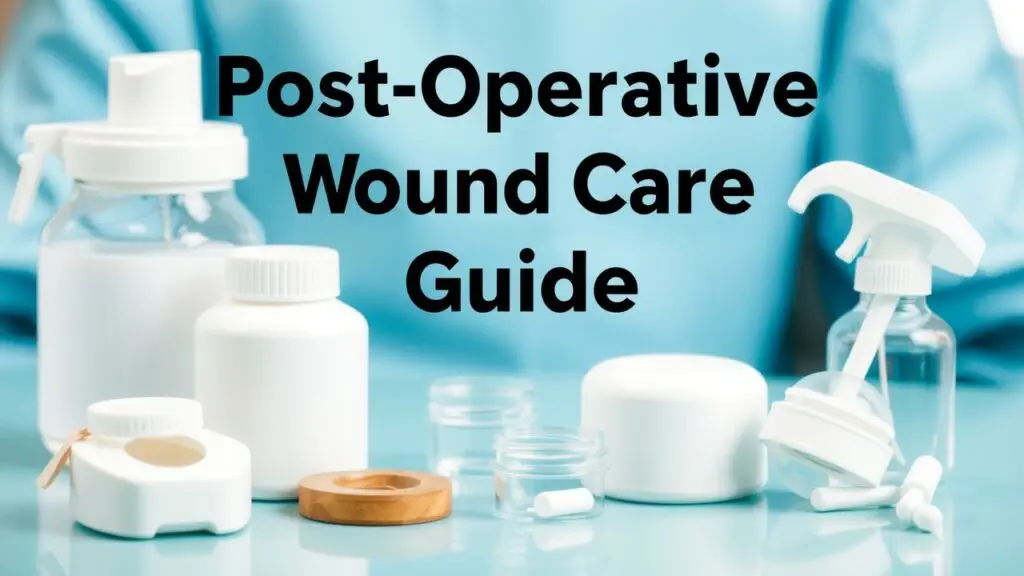 Post-operative wound care guide showing clean, clean-contaminated, contaminated, and dirty/infected wound types and their respective treatments.