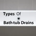 Different types of bathtub drains including push pull stopper, trip lever drain, and toe tap drain with their components and mechanisms.