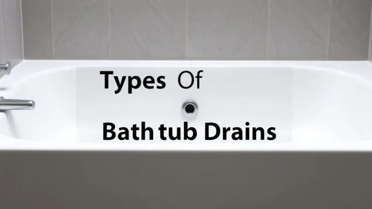 Different types of bathtub drains including push pull stopper, trip lever drain, and toe tap drain with their components and mechanisms.